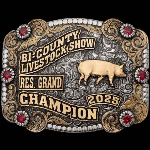 A custom farming belt buckle trophy for Region 7 Livestock Show Champion featuring a cow, goat, lamb and pig figures 